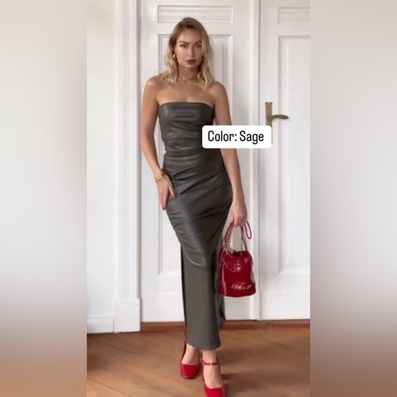 ZARA ~ Black Strapless Faux Leather Dress in Sage - Picture 13 of 13